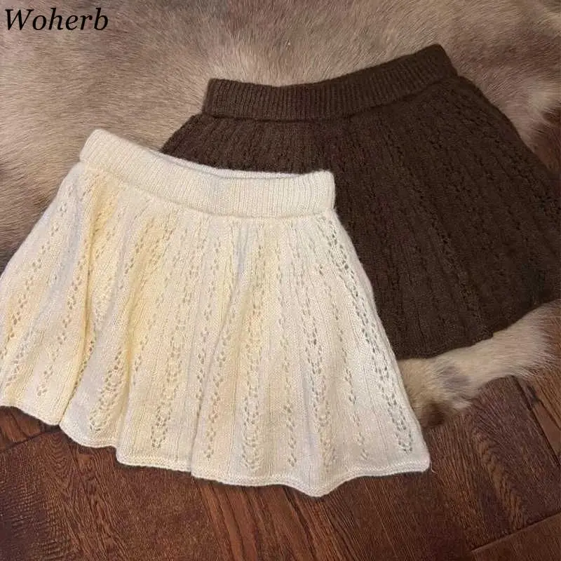 

Однотонные вязаные модные милые юбки Jupe, женские трапециевидные юбки с высокой талией Saia 2025 Faldas Mujer De Moda, универсальная мини-юбка с вырезами