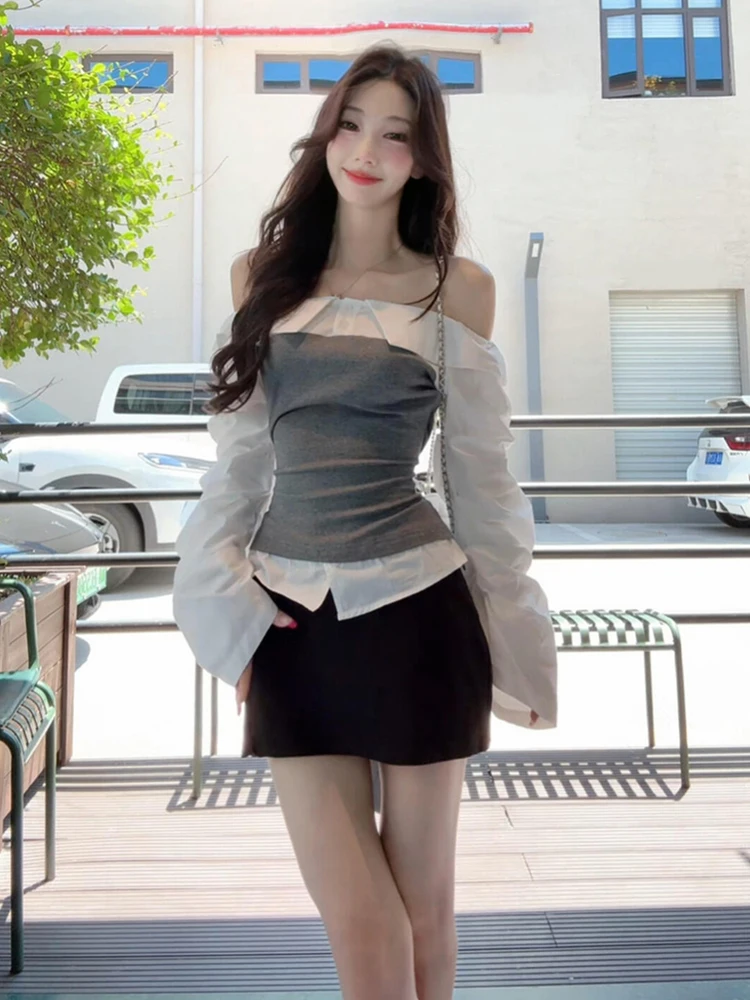 

Korean Sle Pure Desire One oulder Color Blo Long Sve Women's irt Slimming Top for Early Autumn 2025 New Arrival