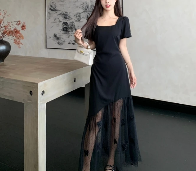 

Elegant Vintage Spliced square neck Chic fairycore Slim Dresses Evening High Street Plus Size Clothing