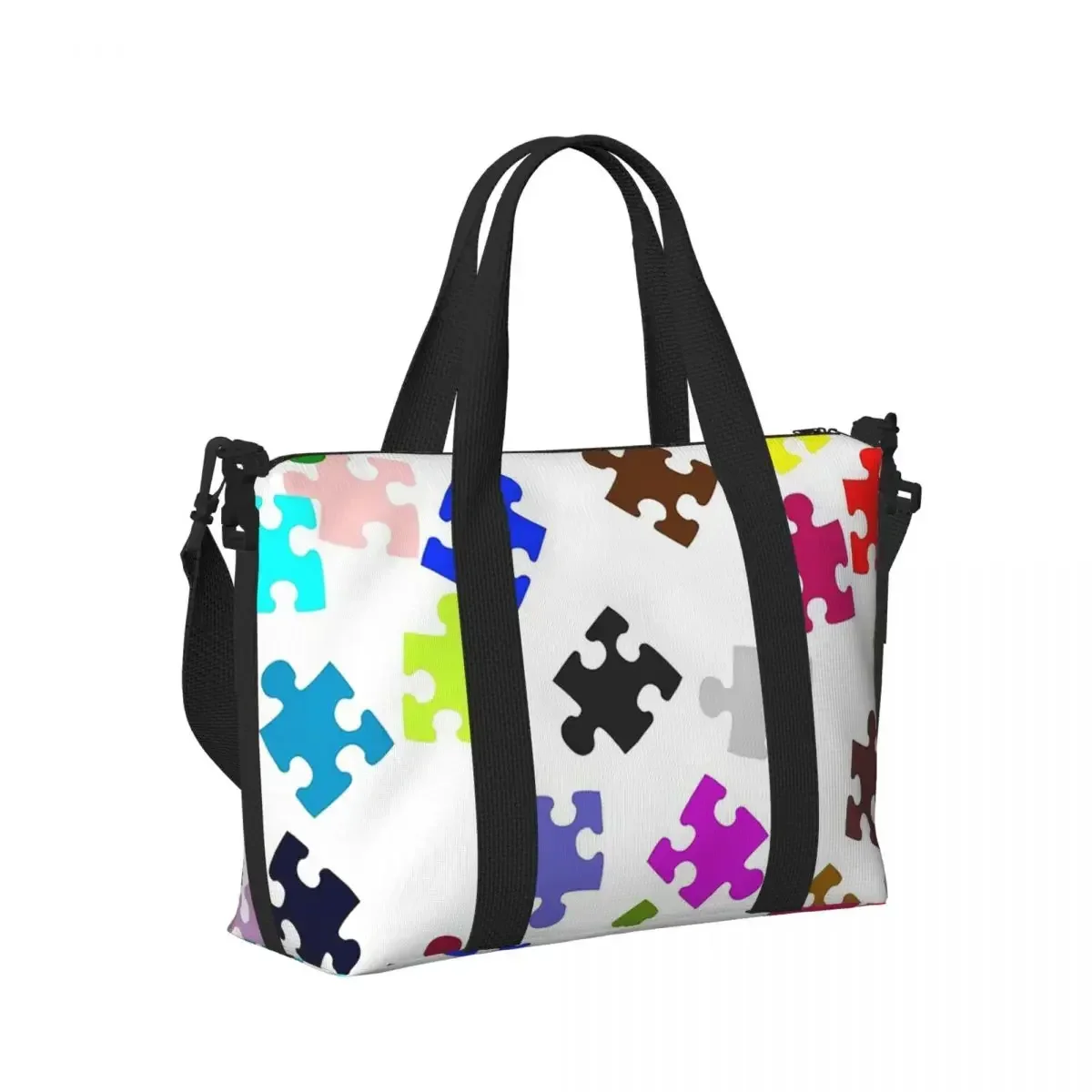 Autism Awareness Puzzle Piece Print Beach Travel Bag Large Capacity Tote Bags for Gym Sport Women Shopping Duffle Shoulder Bag