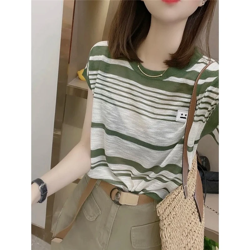 Women Striped Print Appliques Simple Casual Comfortable Ice Silk Knit T Shirt Summer Trendy Short Sleeve Y2K Tops Ropa De Mujer