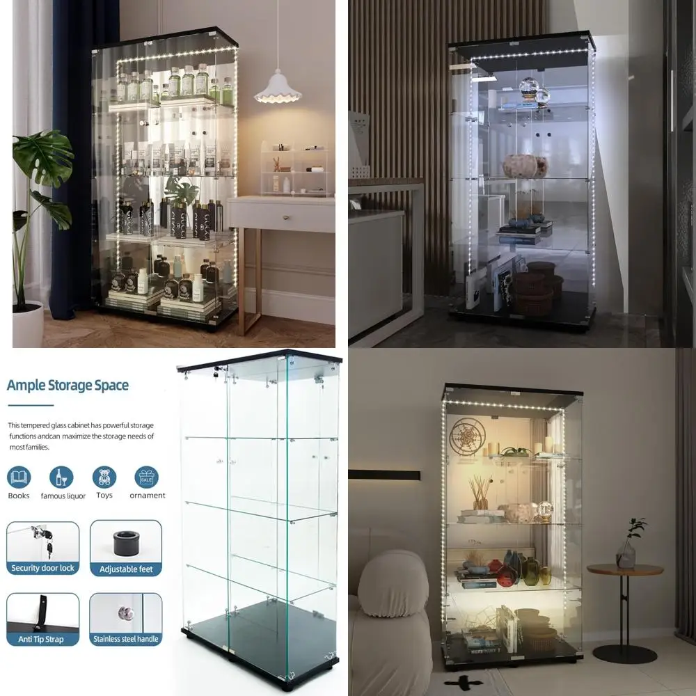 

Contemporary 4-Tier Glass Display Cabinet with LED Lighting, Mirrored Back, and Lockable Doors for Curio Collections