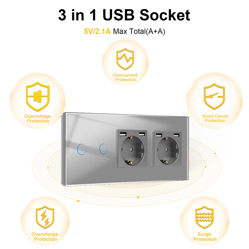 Imagem -06 - Bingoelec-eu Padrão Interruptor do Sensor de Toque com Tomada Usb Dupla Vias Interruptores de Luz de Escada Tomada de Parede Painel de Vidro Cristal