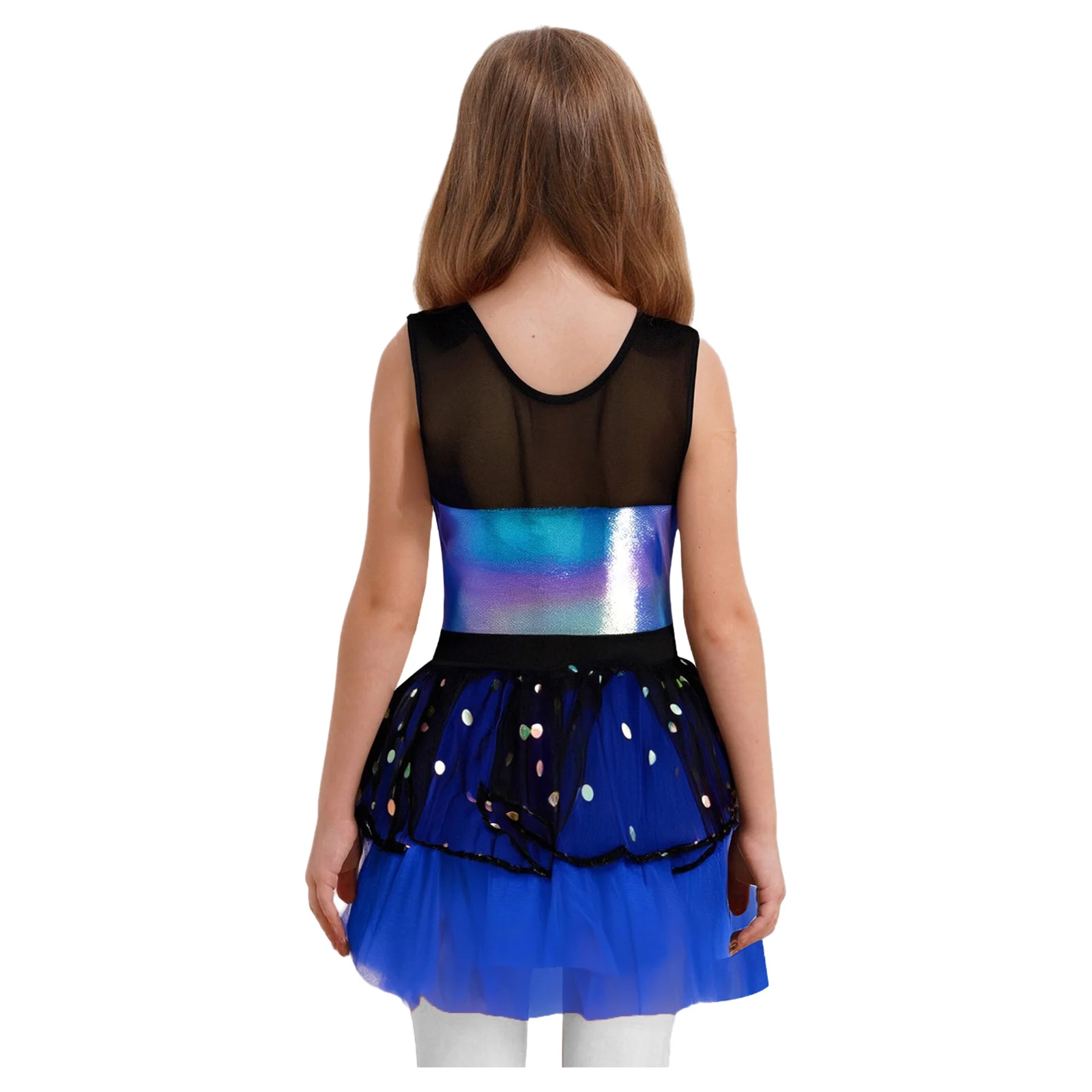 Abito da balletto in tulle da ballo per ragazze per competizioni di spettacoli Abito tutù in rete con corpetto metallico senza maniche con copricapo Dancewear