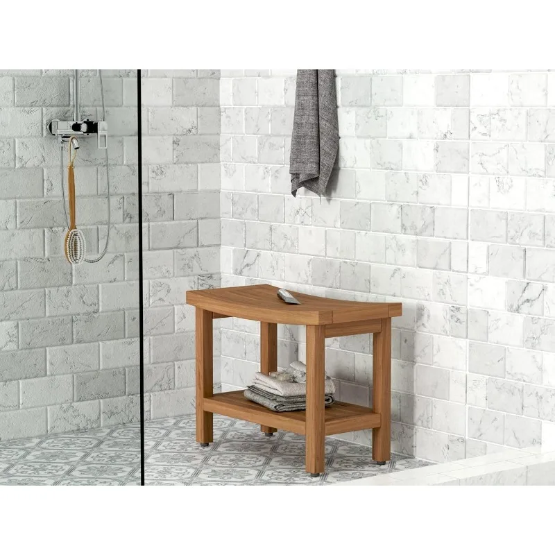 Sumba Teak Shower Bench with Shelf  Stainless Steel Non-Corroding Hardware  Adjustable Rubber Gripping Feet for Added Stability