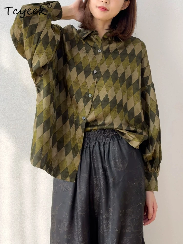 Tcyeek 100% Real Silk Blouses for Women 2026 Spring Summer Retro Plaid Pattern Lantern Sleeve Tops Woman Clothes Рубашка Женская