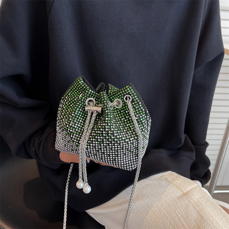 Women Fashion Drawstring Bucket Shoulder Bags Luxury Rhinestone Evening Party Chain Crossbody Pouch Female Small Purse Handbags