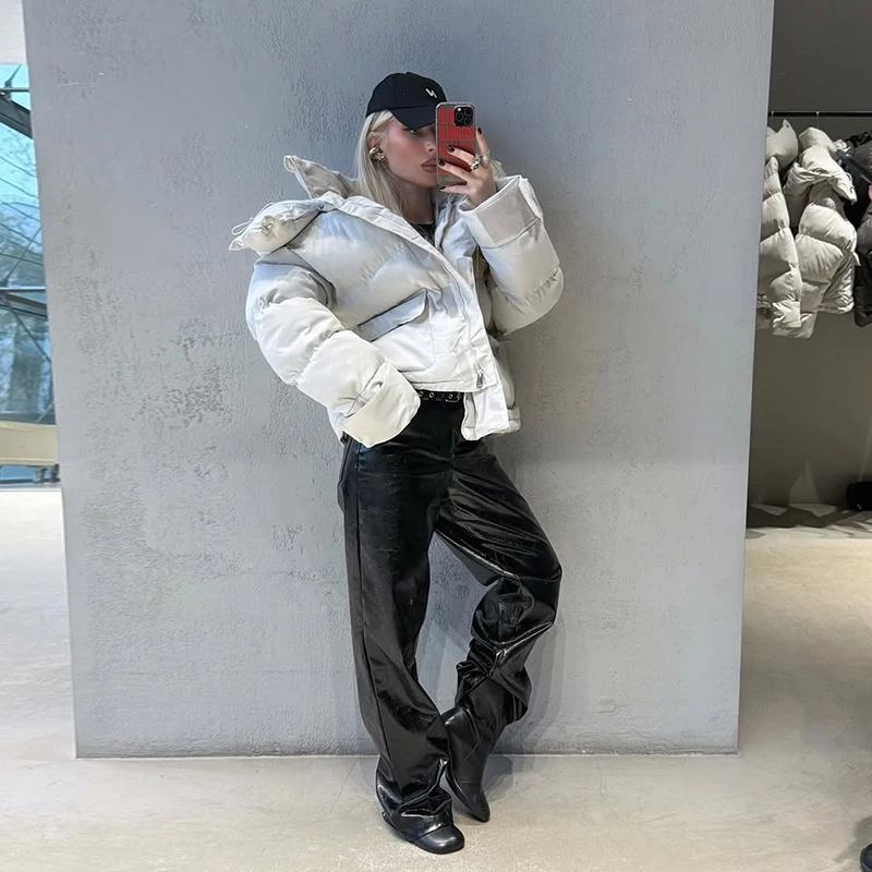 Kapuzenjacke mit Großen Taschen, Übergroße Gefütterte Jacken für Damen, Street-Style, Stehkragen, Lange Ärmel, Reißverschluss, Einfarbig, Lose Pufferjacken, Neue Oberbekleidung – Detail 12