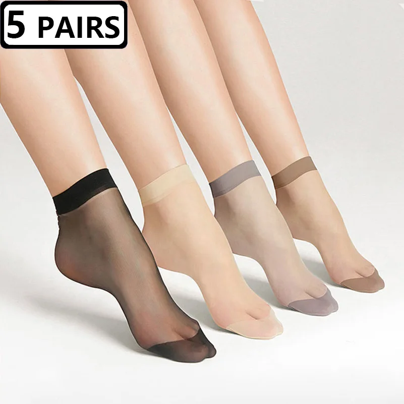 5 Pairs Womens Thin Socks Summer Transparent Crystal Silk Sock Black Skin Color Elastic Silky Ankle Short Socks for Girls Socks