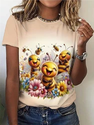 Three Bee Print T-shirt, casual crew neck short-sleeved top Spring/Summer, women's wear