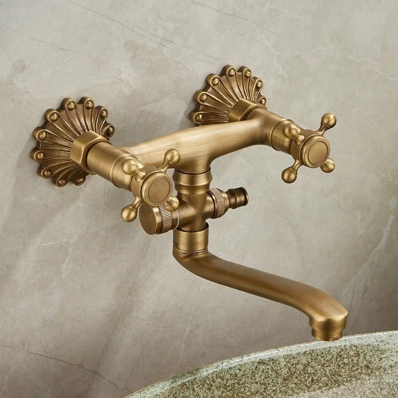 brass-antique-wall-mounted-washbasin-faucets-double-handle-double-hole-rotatable-wall-mounted-retro-hot-and-cold-faucet