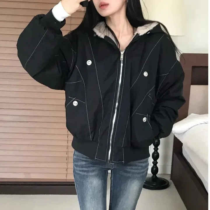 

Women's Chic Winter Jaet Loose Workwear Coat with Fur Collar Fce Lined Warm Top Cotton Clothing Long Sve Commute Sle