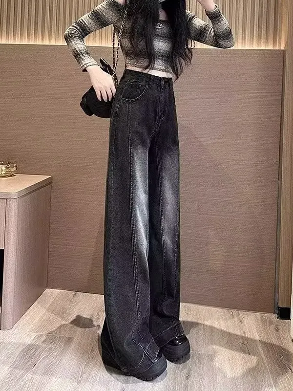 

Американские широкие джинсы с высокой талией, женские свободные джинсы, весенние новые утягивающие длинные брюки больших размеров, повседневные джинсы для поездок на работу