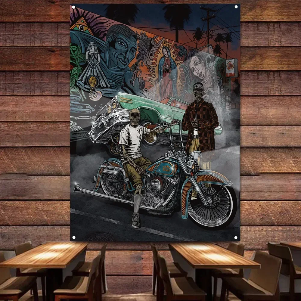 Motorcycles and Cars Skeleton Art Poster Wall Painting Garage Flag Auto Repair Shop Gas Station Wall Decor Banners Home Tapestry