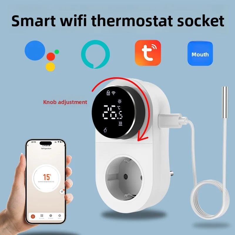 WiFi intelligent temperature controller plug, with sensor programmable digital display knob APP temperature control socket