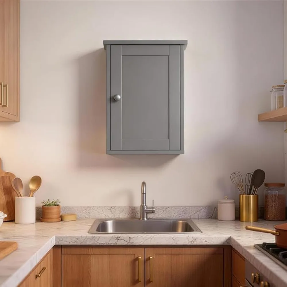 

Bathroom Wall Cabinet, Gray Medicine Cabinet with Single Door, Small Over Toilet Storage Organizer with Adjustable Shel, Hanging
