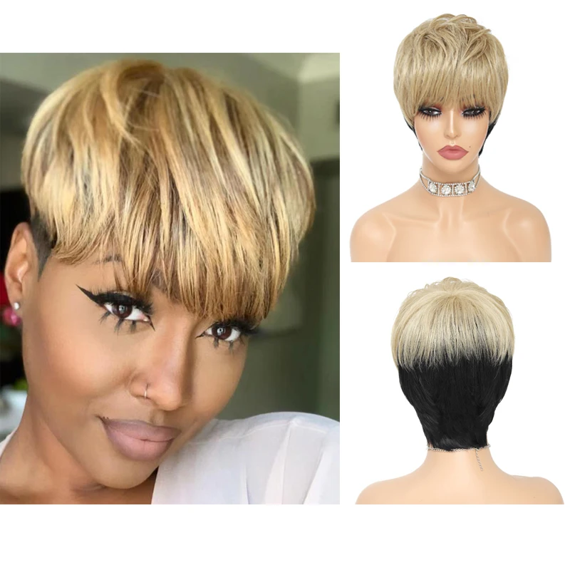 

Short Pixie Wigs for White/Black Women Human Short Hair Wigs with Bangs Mixed Blonde Straight Synthetic Fiber Cut Layered Wigs