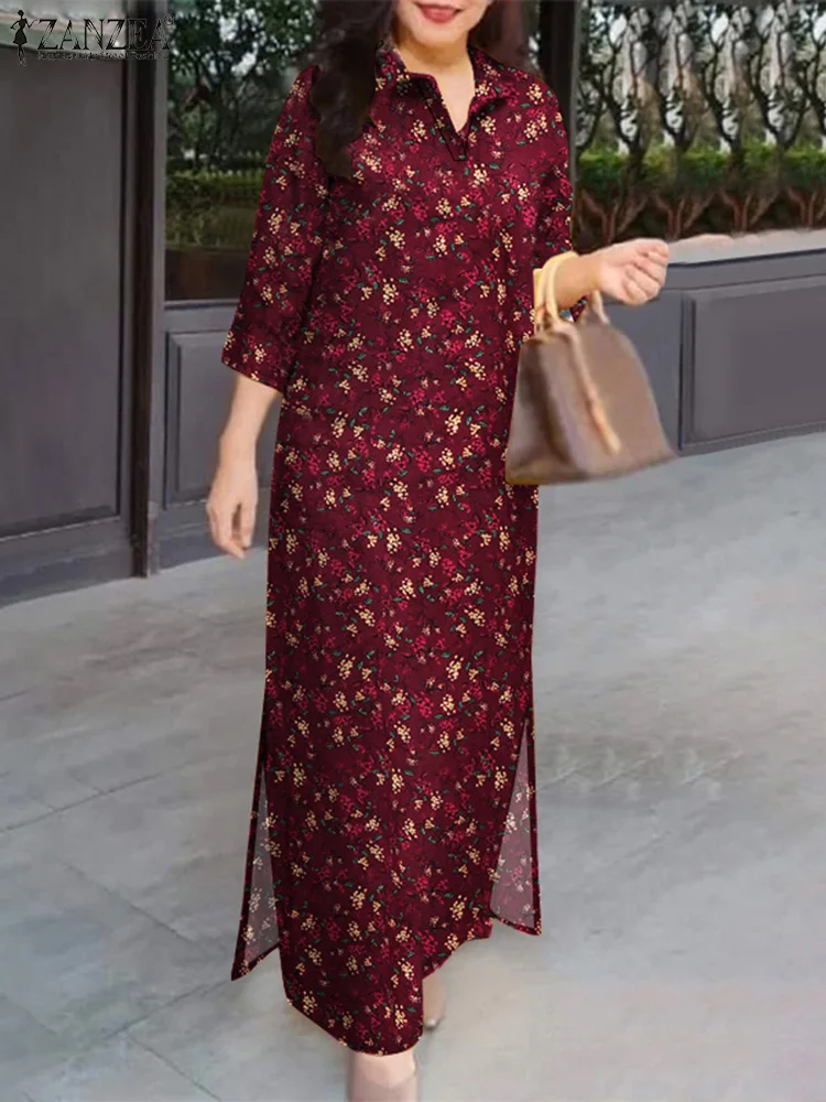 ZANZEA Vintage Women 3/4 Sleeve Lapel Neck Sundress Cotton Shirt Dress 2025 Autumn Fashion Floral Print Dresses Bohemian Vestido