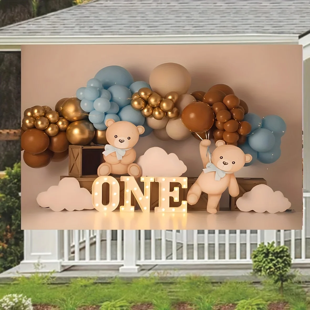 Teddy Bear and Golden Balloon themed party background for 1st birthday celebration - Photography background banner with clouds - view 4