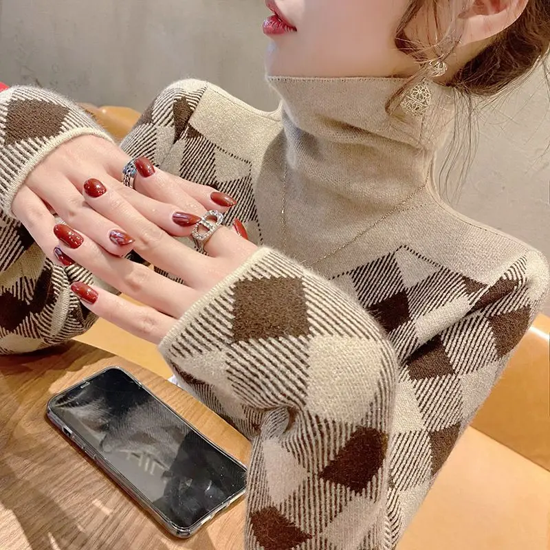 Women\'s High Neck Striped Knitted Tops New Autumn and Winter Fashion All-match Printing Plaid Long Sleeve Pullover Slim Sweater