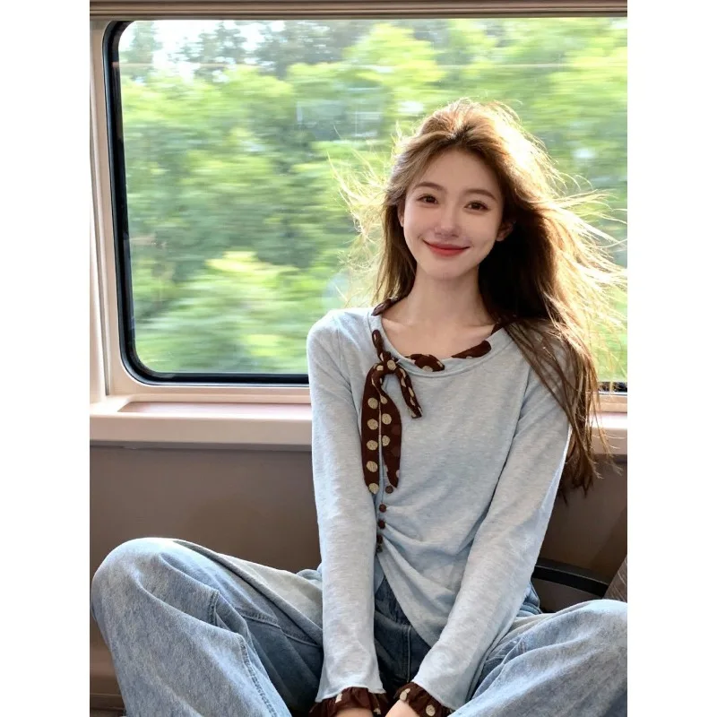 

Women Clothes Spring Autumn Fashion Casual Solid Color O-neck Long Sleeve Female All-match Fashionable Bow Lacing Loose Cardigan