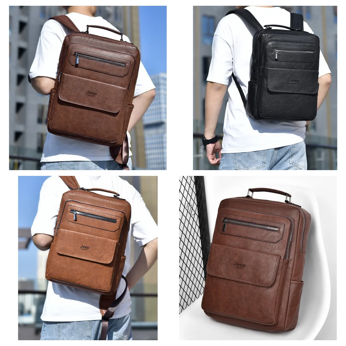 JEEP BULUO Brand New Backpack Men School Bags 15.6 inches Laptop Backpacks High quality leather waterproof brown fashion urban