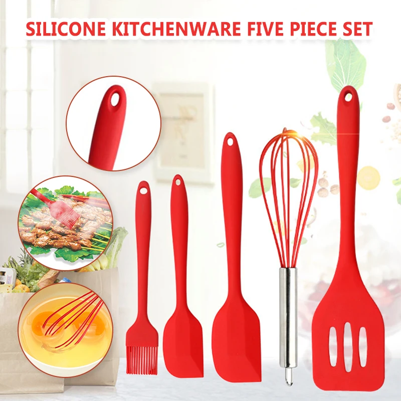 

5pcs Silicone Spatula Set Silicone Scraper Oil Brush Egg Whisk Spatula Multipurpose Kitchen Cooking Tool Set