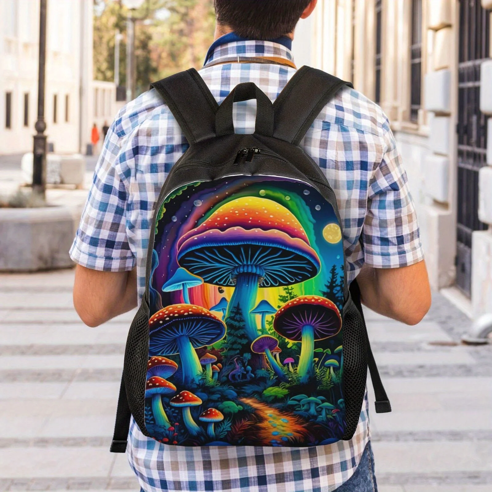 Mochila informal Fantasy Mushrooms con cierre de cremallera, forro de poliéster, correa de hombro ajustable, bolsa de libros espaciosa para el trabajo