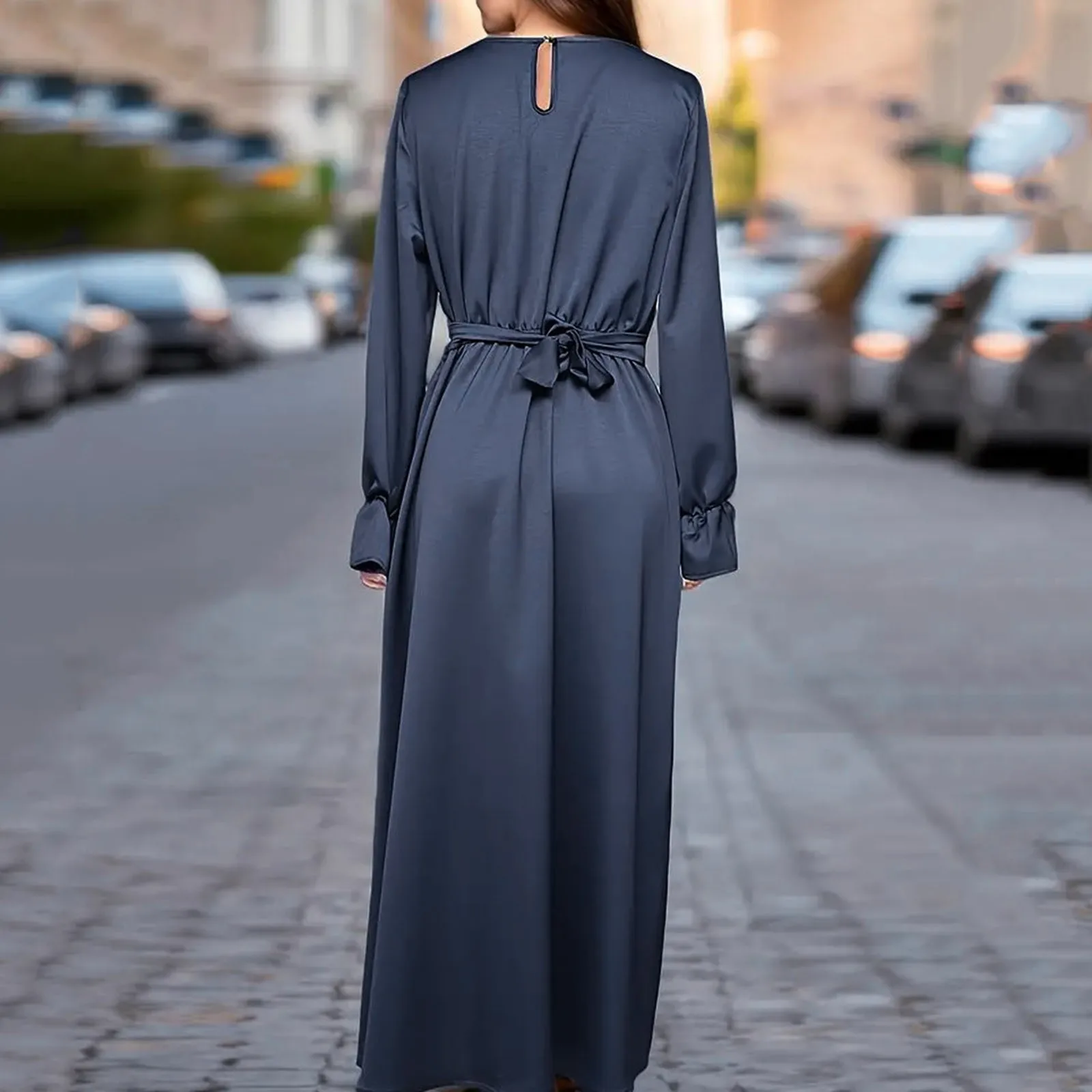 Satin muslimischen Kleid für Frauen Langarm einfarbig Gürtel Pullover Top plus Größe elegante Kleider Abaya Hijabs Dubai lange Robe