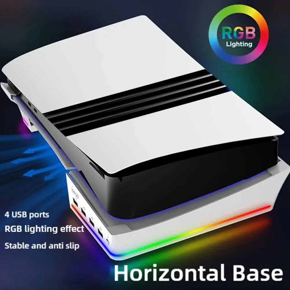 Host Horizontal Storage Stand For PS5 Pro With 14 Kinds RGB Lighting Effects With 4 USB Ports For PS5 Pro Desktop Flat Stand