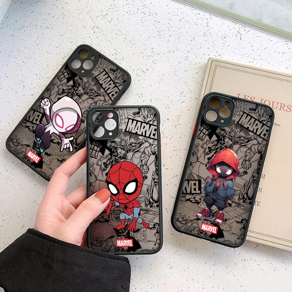 

Marvel Spiderman Cute Matte Fundas Case For iPhone 15 14 13 12 11 Pro Max Mini XR XS 7 8 Plus Shockproof Clear Cover Spider Gwen