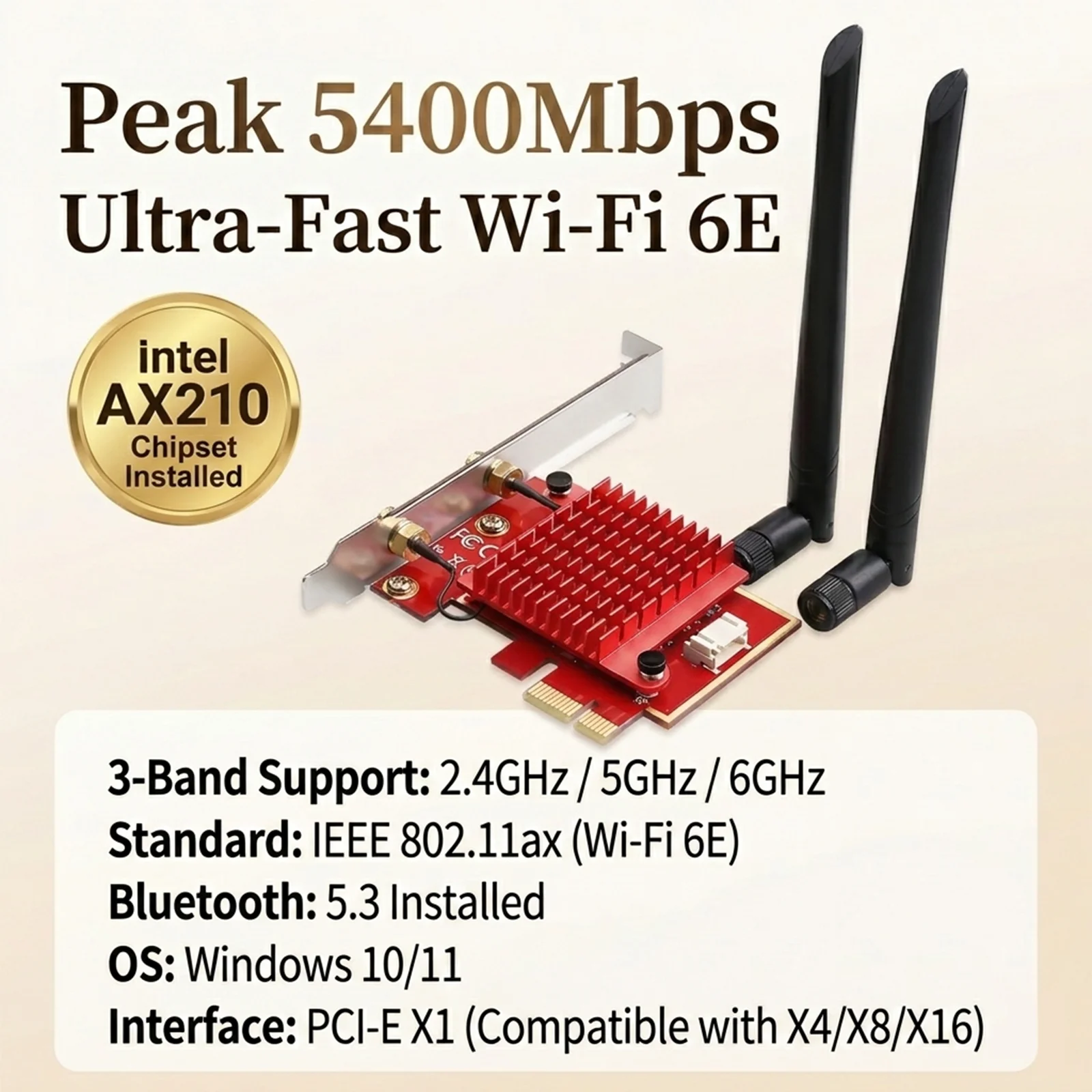 BZIZU WIFI 6E PCI e Card 5400Mbps Wireless Adapter 2.4G&5G&6G BT 5.3 Equipped Intel AX210 Win11/10 PCI-E x1