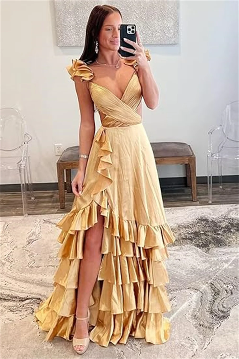 

Customized Ruffles Satin Prom Dresses For Women Long Tiered A Line Bridesmaid Dresses V Neck Sexy Formal Evening Dress With Slit