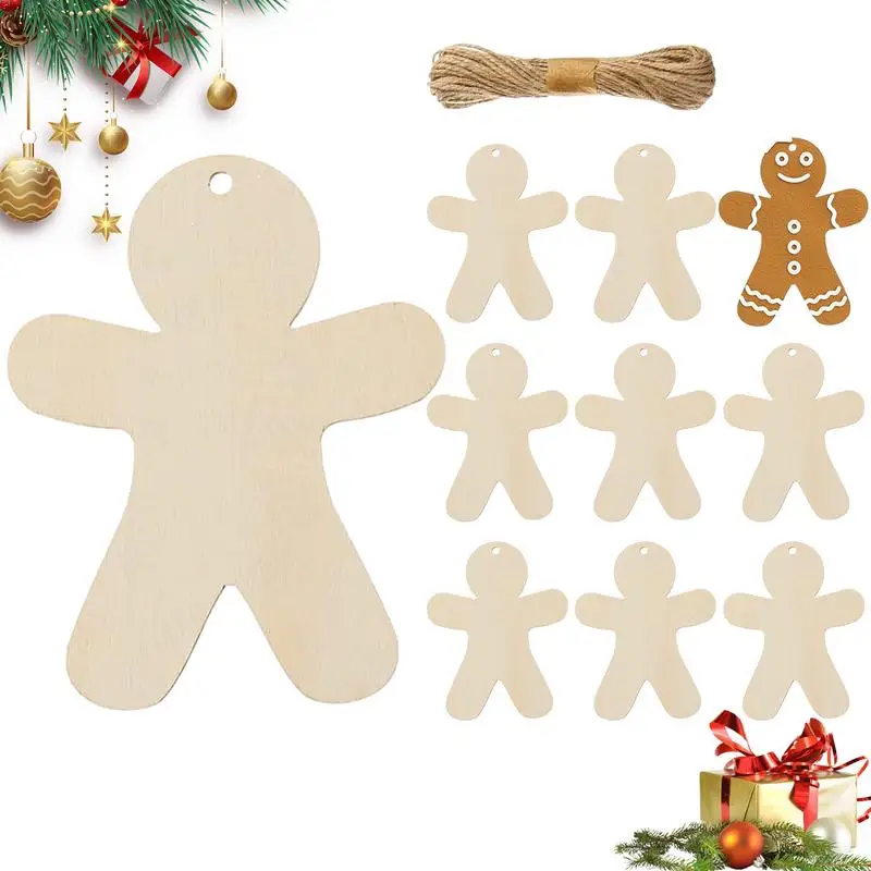 10pcs Unfinished Wood Gingerbread Man Cutouts Ornaments Gingerbread Man Decorations Hangable Blank Slices Cutouts DIY Decor