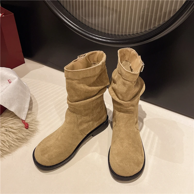 Women's Single Shoes Early Winter Low Heel Frosted Pleated Belt Buckle Snow Boots Comfortable Temperament Non-slip Fashion Boots