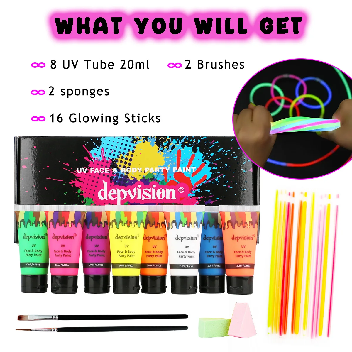 Depvision Glow in the Dark UV Face and Body Paint 8 x 20 ml (0.68 fl oz) Neon Blacklight Reactive Fluorescent for Christmas Hall