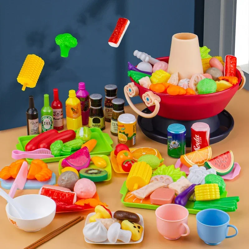 Food Market Kitchen Toys for Boys Girls Kids Pretend Play Simulation Hot Pot Cooking Toys Creative Vegetable Mini Kitchen Gifts