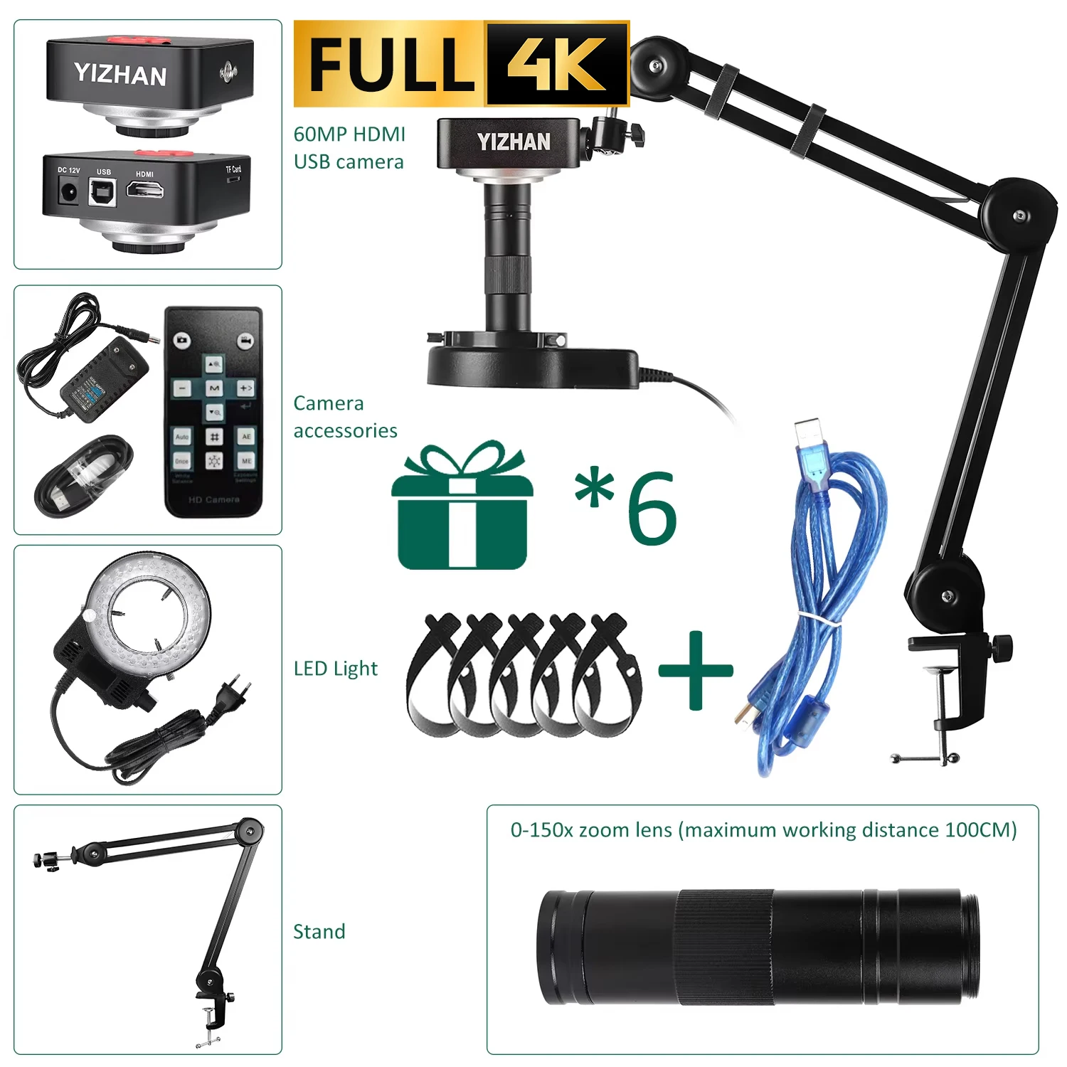 YIZHAN 60MP Volledige 4K Elektronische Digitale Microscoop HDMI USB VGA Afstandsbediening 150x Soldeermicroscoop Voor Telefoons Met Ondersteuning