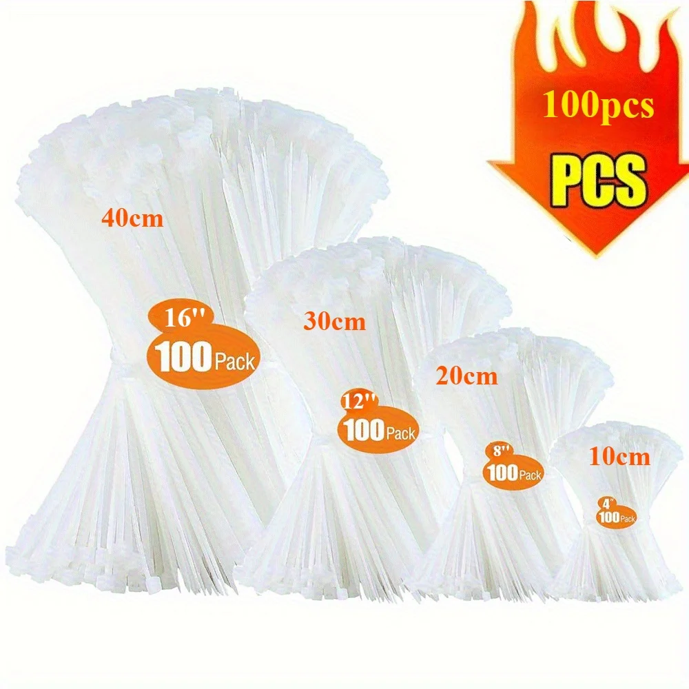 100pcs Black/White Nylon Zip Ties - Self-Locking Plastic Wire Ties in Various Sizes (4, 6, 8, 12Inches) for Indoor, Home, Office