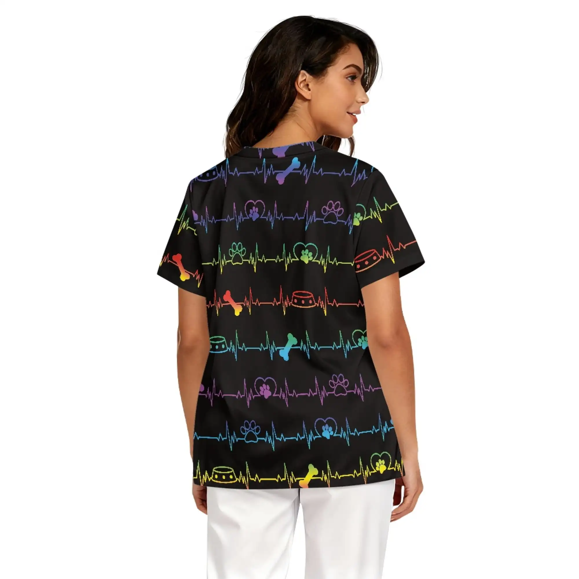 Heart Pattern Healthcare Work Shirt for Women Soft Stretch Comfortable Short Sleeve Top with 2 Pockets Scrub Shirts for Medical