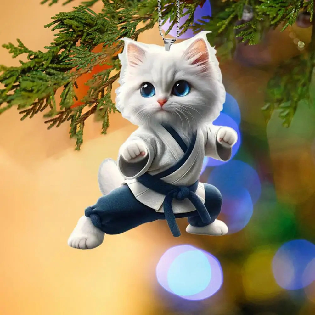 Cat Hanging Decoration Flat Cat Pendant Cartoon Kung Fu Cat Acrylic Ornament for Christmas Tree Car Rearview Mirror - Image 3