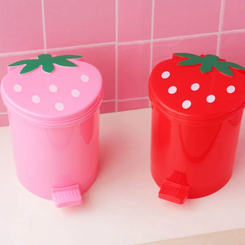 Mini Trash Can With Lid Plastic Trash Basket For Home Bedroom Office Desktop Garbage Storage Box Cartoon Red Pink Container