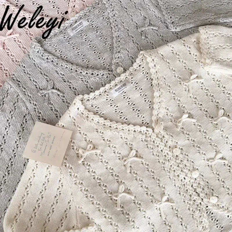 Śliczny Różowy Kardigan Ręcznie Robiony Hooked Edg Bow Jesień 2024 New Lolita Sweet Hollow Out Knit Jumpers Krótkie Dzianinowe Kardigany Feminina