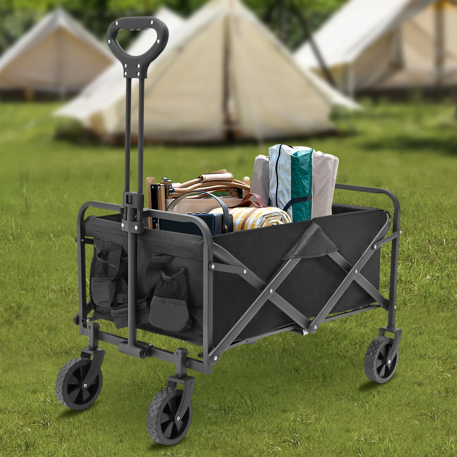 

Collapsible Folding Wagon Garden Cart Utility Wagon Beach Wagon with 5" Rubber Wheels Adjustable Handle and 2 Cup Holders