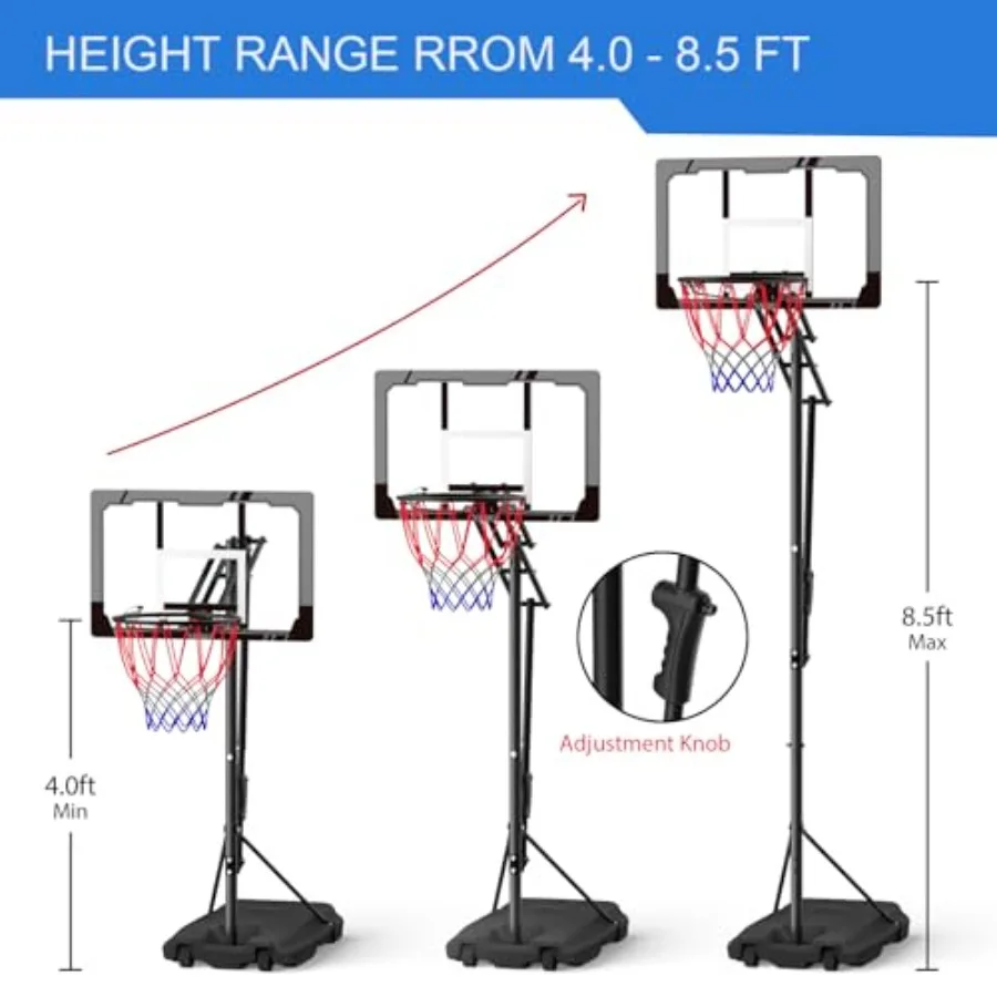 Баскетбольное кольцо, легко регулируемое, 4.08.5 футов, портативная система баскетбольных ворот для подростков, молодежи, 33, небьющаяся доска, уличная Ind