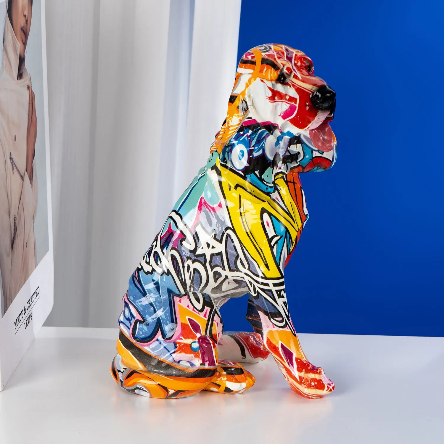 Art Graffiti  Creativity Modern Colorful Basset  Statue Wholesale Office Ornaments Printing Resin Pet Dog Home Decor Crafts