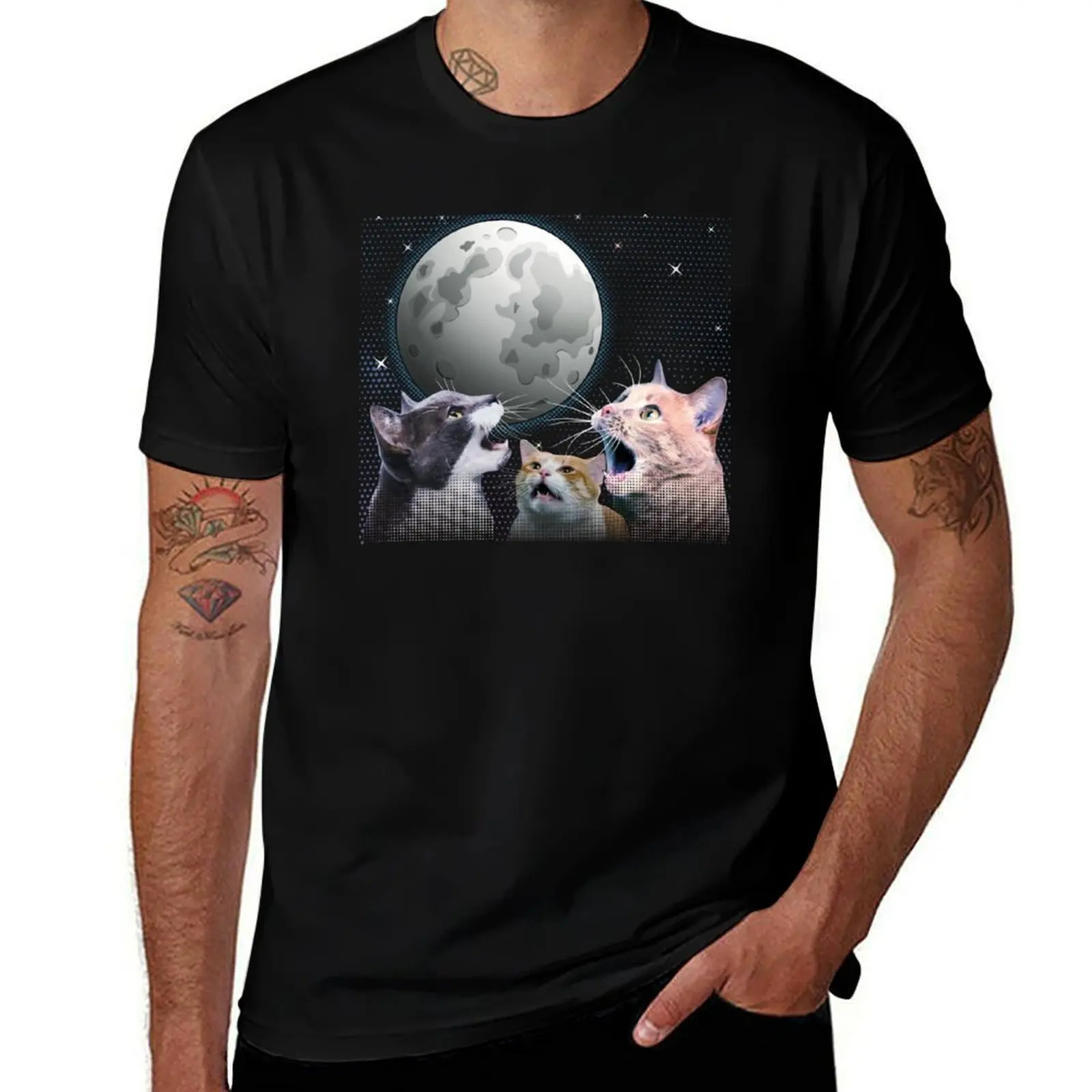 

Cats Meowling At Moon Cat Howling Funny T-Shirt quick drying korean fashion Blouse men t shirt