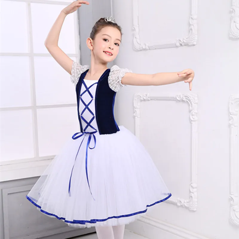 

Professional Blue Girls Ballet Tutu Dress Giselle Velvet Top Mesh Skirt Short Puff Sleeves Kids Dancing dress Costumes