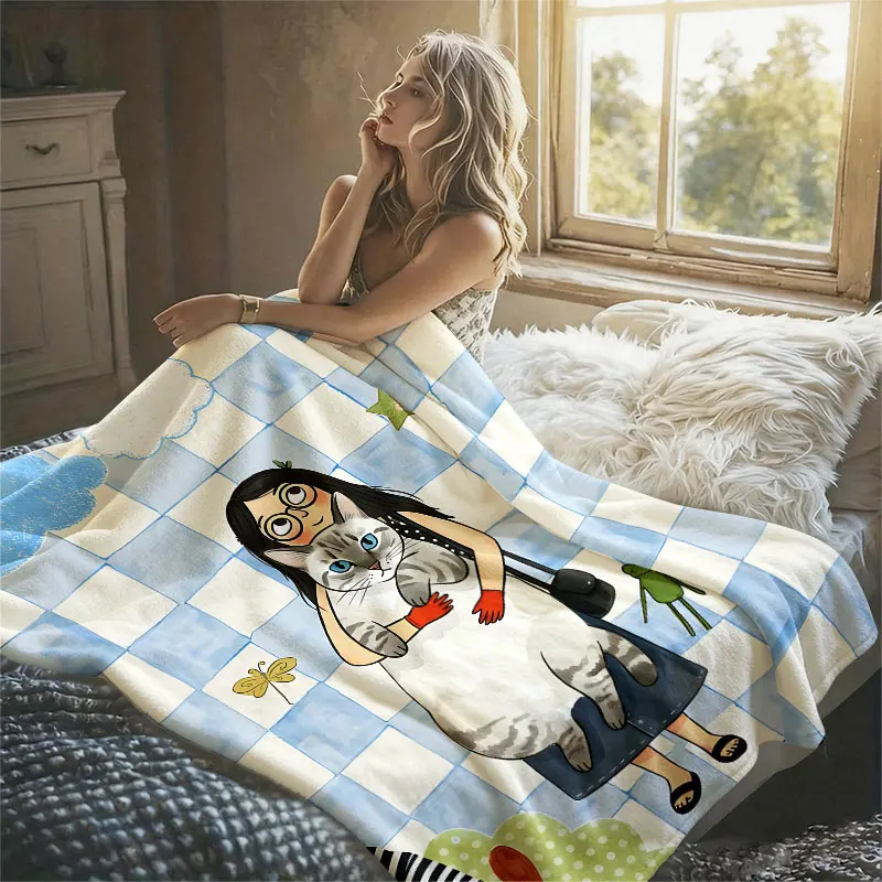 Girl Hugging Fat Cat Checker Flannel Blanket Perfect for Sofa Office Bed Travel Sleep Read Relax Camping Four Season Use