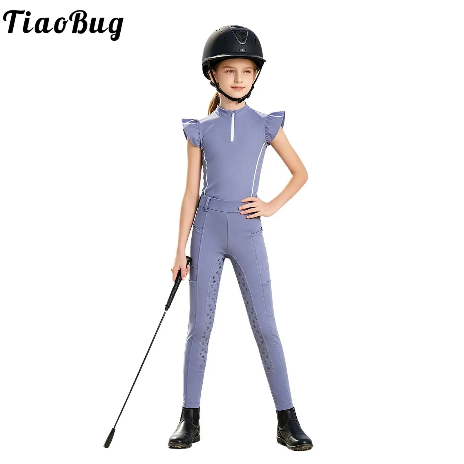 Kid Girls Horse Riding Golf Sports Outfit Ruffled Sleeves Shirt Top with Anti-slip Full Seat Equestrian Breeches Pants Tights